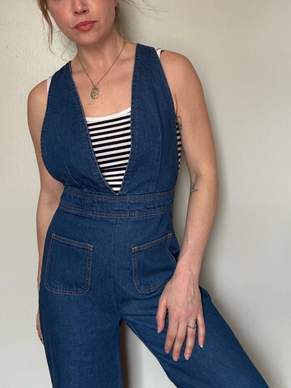 BDG Deep V-Back Denim Overalls in Blue